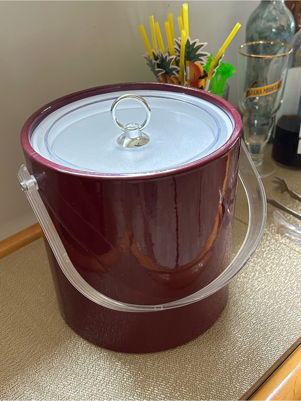 Ice Bucket Burgundy Vinyl Clear Lucite Lid Barware Vintage MCM